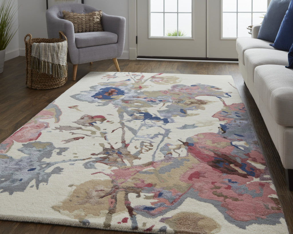 9 x 12 Ivory & Blue Wool Floral Hand Tufted Rug