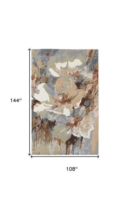9 x 12 Tan & Gray Wool Floral Hand Tufted Rug