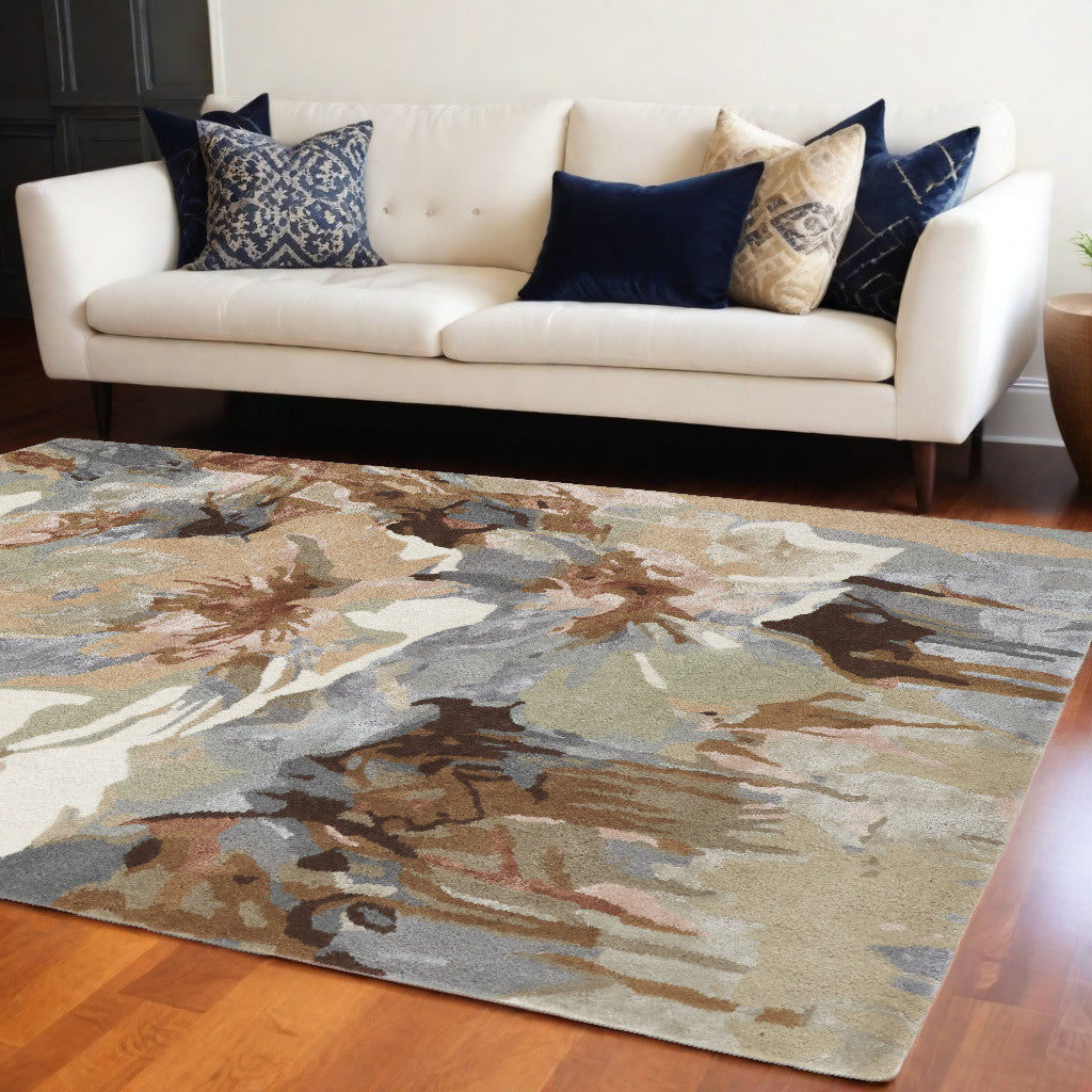 9 x 12 Tan & Gray Wool Floral Hand Tufted Rug