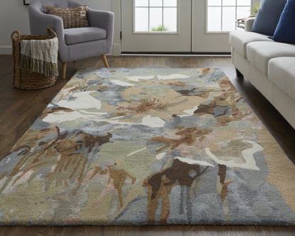 9 x 12 Tan & Gray Wool Floral Hand Tufted Rug