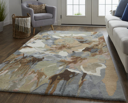 9 x 12 Tan & Gray Wool Floral Hand Tufted Rug