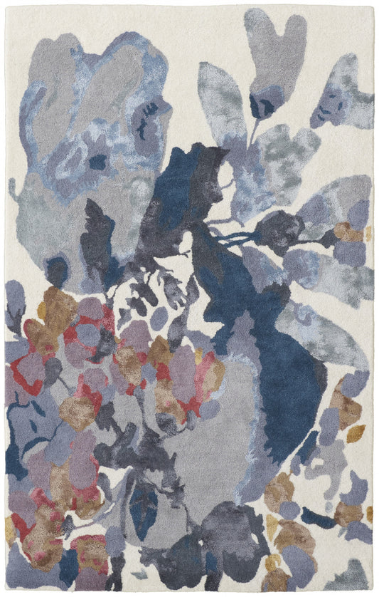 9 x 12 Blue Gray & Pink Wool Floral Hand Tufted Rug