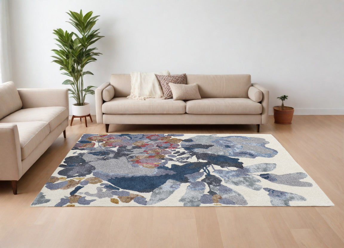9 x 12 Blue Gray & Pink Wool Floral Hand Tufted Rug
