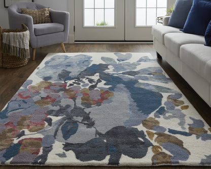 9 x 12 Blue Gray & Pink Wool Floral Hand Tufted Rug