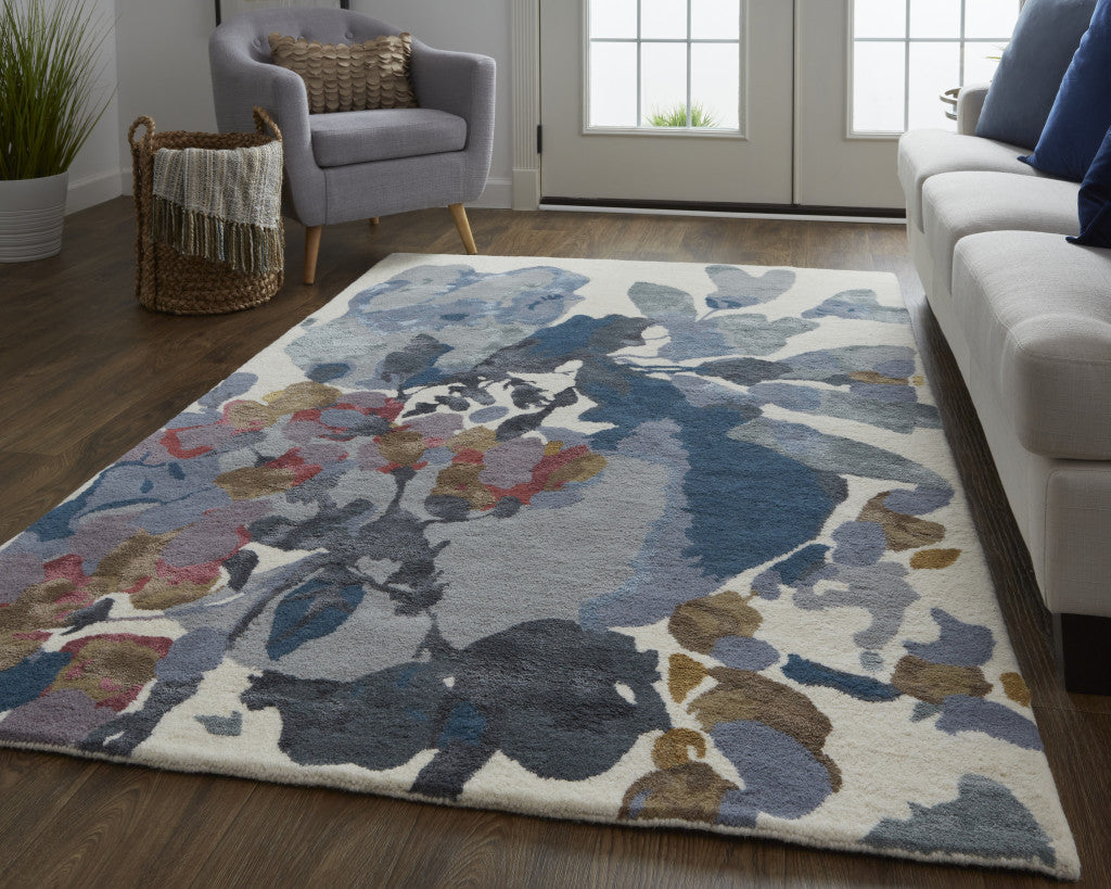 9 x 12 Blue Gray & Pink Wool Floral Hand Tufted Rug