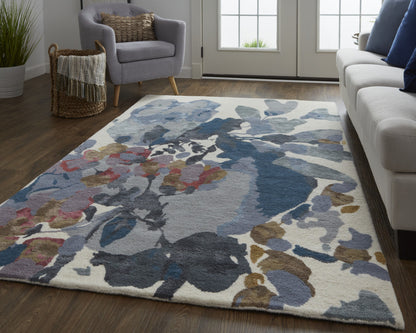 9 x 12 Blue Gray & Pink Wool Floral Hand Tufted Rug