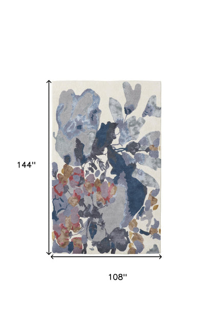 9 x 12 Blue Gray & Pink Wool Floral Hand Tufted Rug