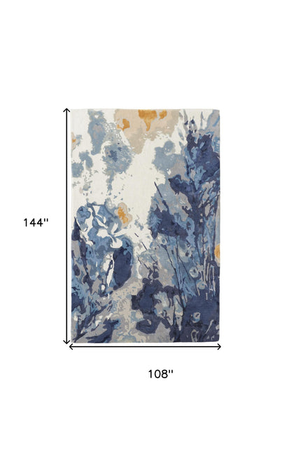 9 x 12 Blue Wool Floral Hand Tufted Rug