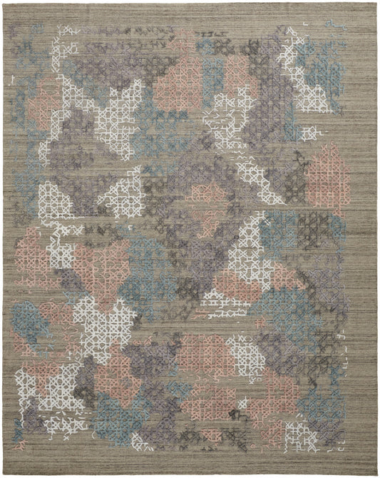 9 x 12 Pink Blue & Taupe Hand Woven Rug