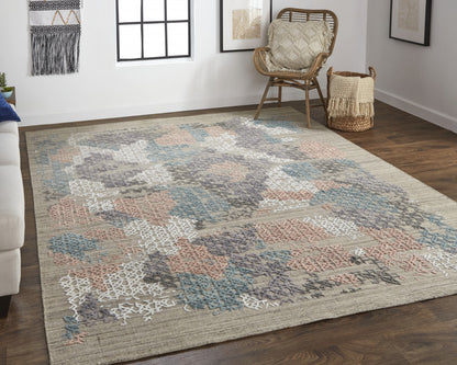 9 x 12 Pink Blue & Taupe Hand Woven Rug