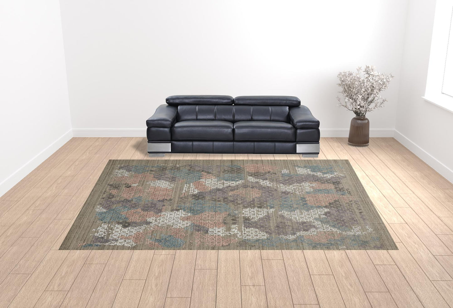 12 x 15 Pink Blue & Taupe Hand Woven Distressed Rug