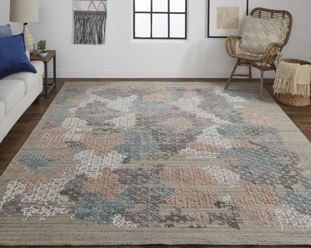 12 x 15 Pink Blue & Taupe Hand Woven Distressed Rug