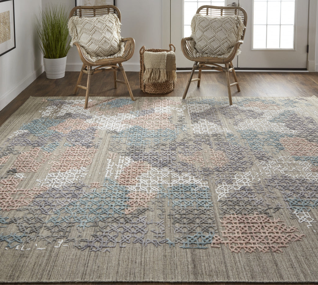 12 x 15 Pink Blue & Taupe Hand Woven Distressed Rug