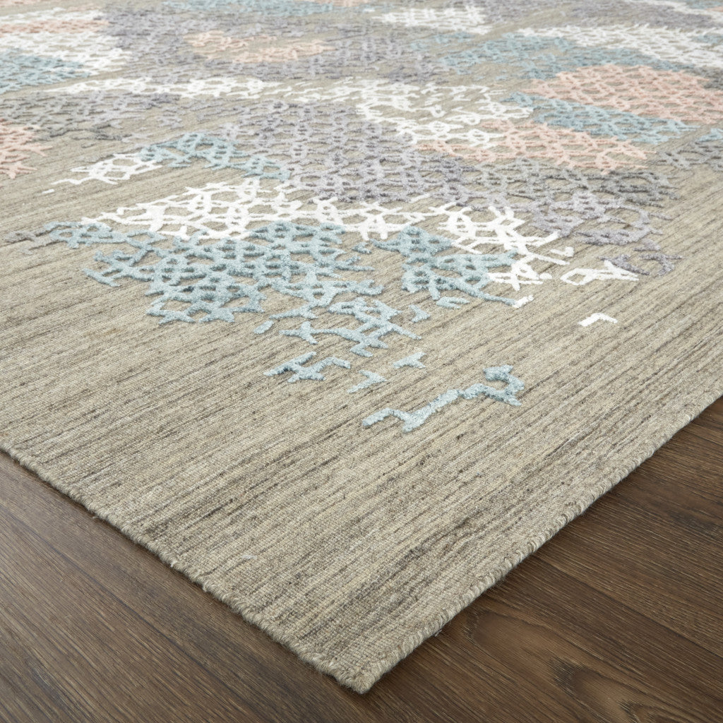 12 x 15 Pink Blue & Taupe Hand Woven Distressed Rug
