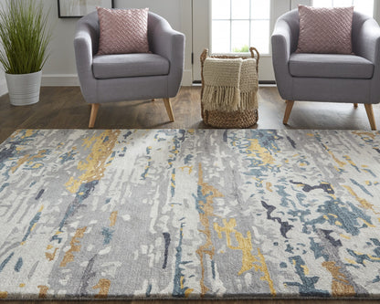 9 x 12 Gray Yellow & Blue Wool Tufted Handmade Stain Resistant Rug