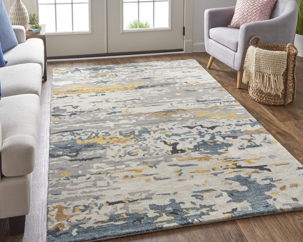 12 x 15 Gray Yellow & Blue Wool Tufted Handmade Rug