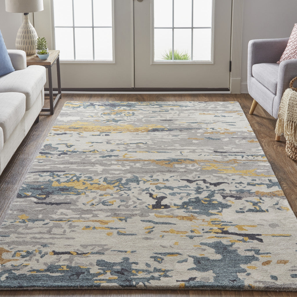 12 x 15 Gray Yellow & Blue Wool Tufted Handmade Rug