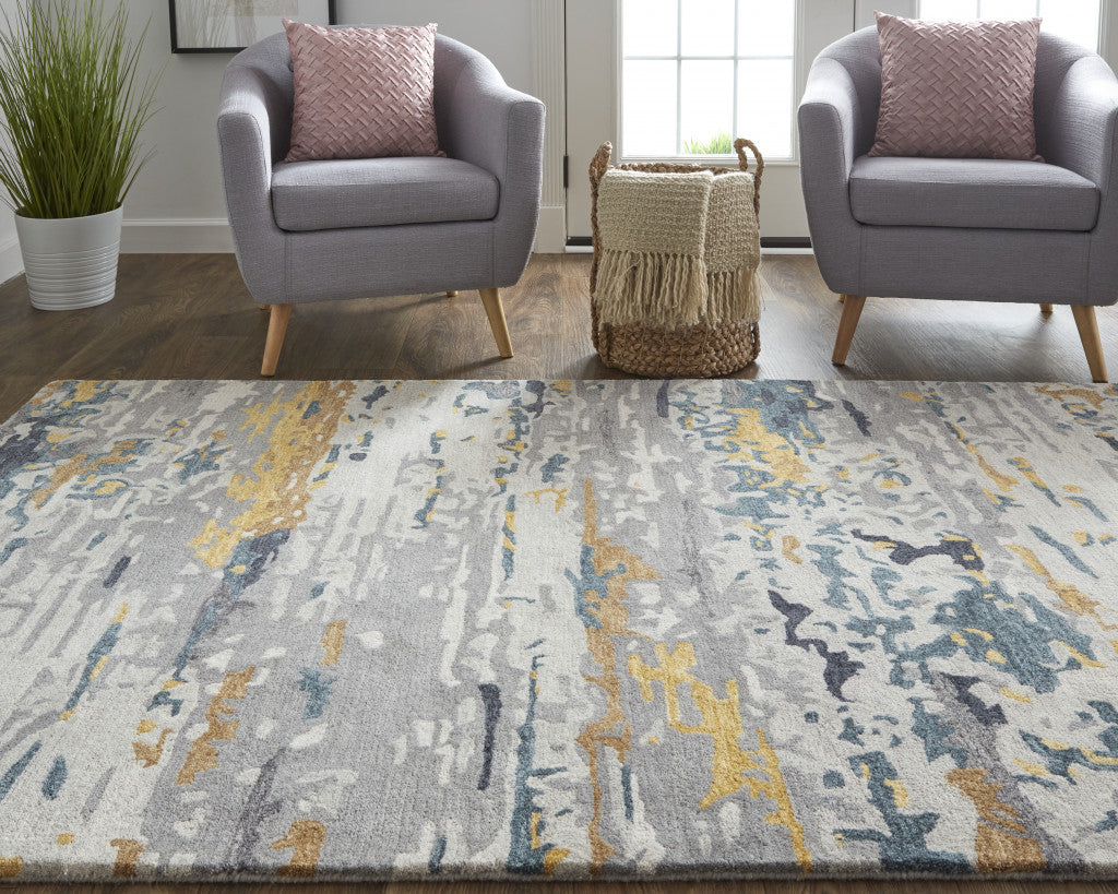 12 x 15 Gray Yellow & Blue Wool Tufted Handmade Rug