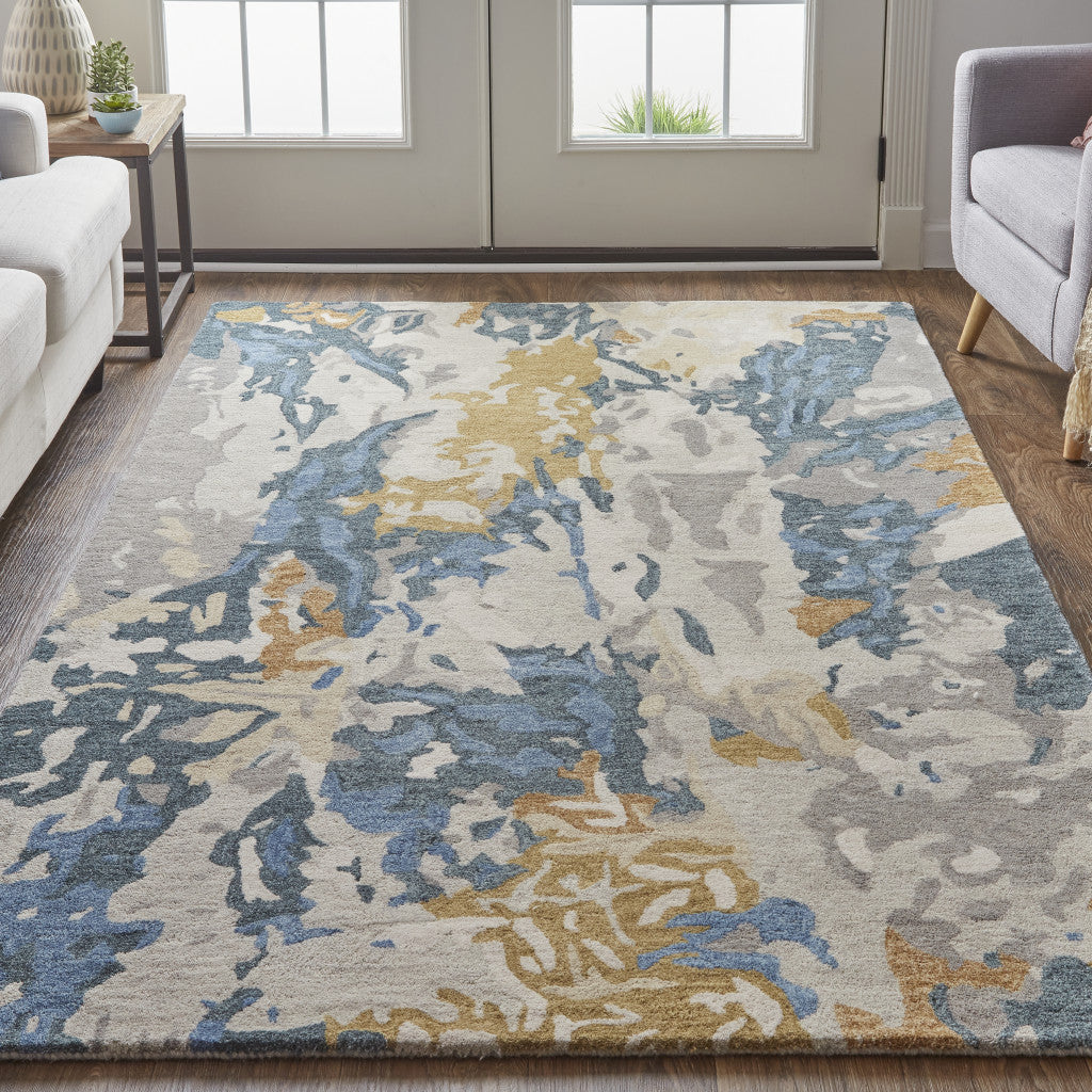8 x 10 Gray Blue & Gold Wool Tufted Handmade Stain Resistant Rug