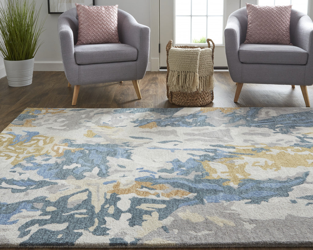 8 x 10 Gray Blue & Gold Wool Tufted Handmade Stain Resistant Rug