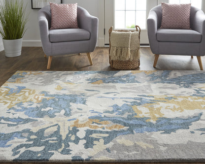 8 x 10 Gray Blue & Gold Wool Tufted Handmade Stain Resistant Rug