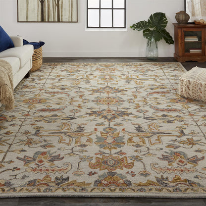8 x 10 Gray & Gold Wool Floral Tufted Handmade Stain Resistant Rug