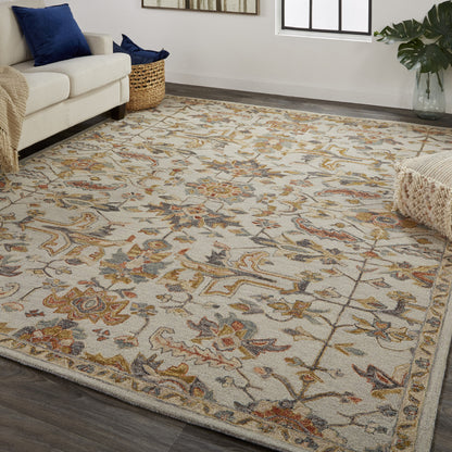 8 x 10 Gray & Gold Wool Floral Tufted Handmade Stain Resistant Rug