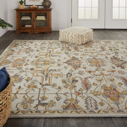 8 x 10 Gray & Gold Wool Floral Tufted Handmade Stain Resistant Rug