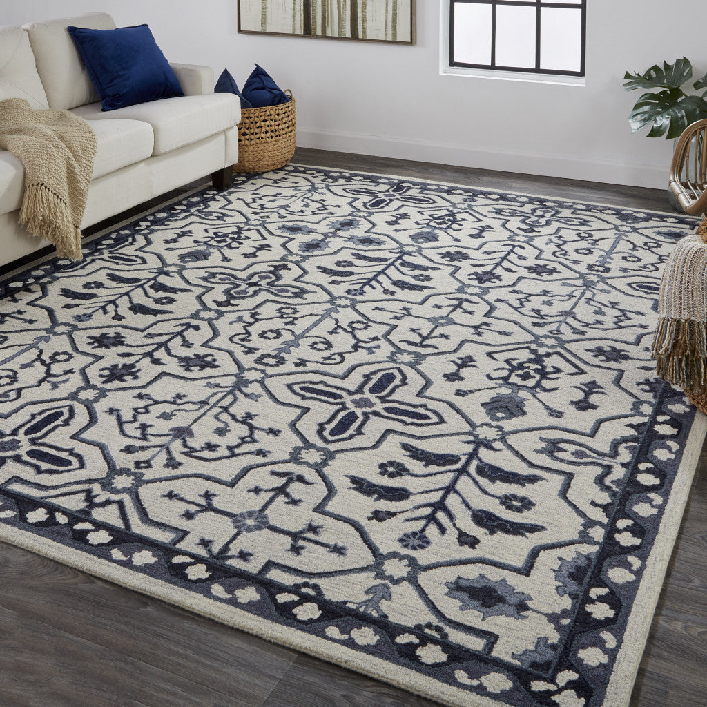 8 x 10 Taupe & Gray Wool Floral Tufted Handmade Stain Resistant Rug