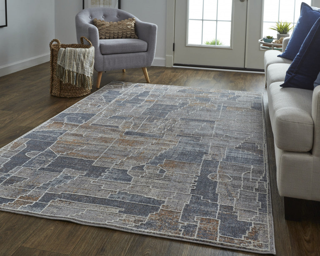 12 x 15 Blue Gray & Orange Geometric Power Loom Stain Resistant Rug