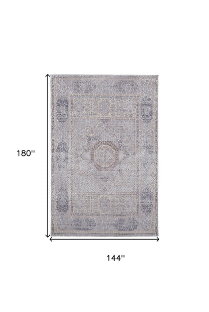 12 x 15 Gray & Ivory Floral Power Loom Distressed Stain Resistant Rug