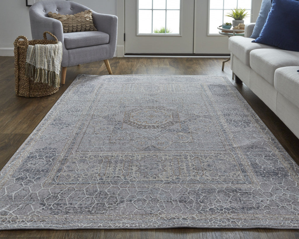12 x 15 Gray & Ivory Floral Power Loom Distressed Stain Resistant Rug