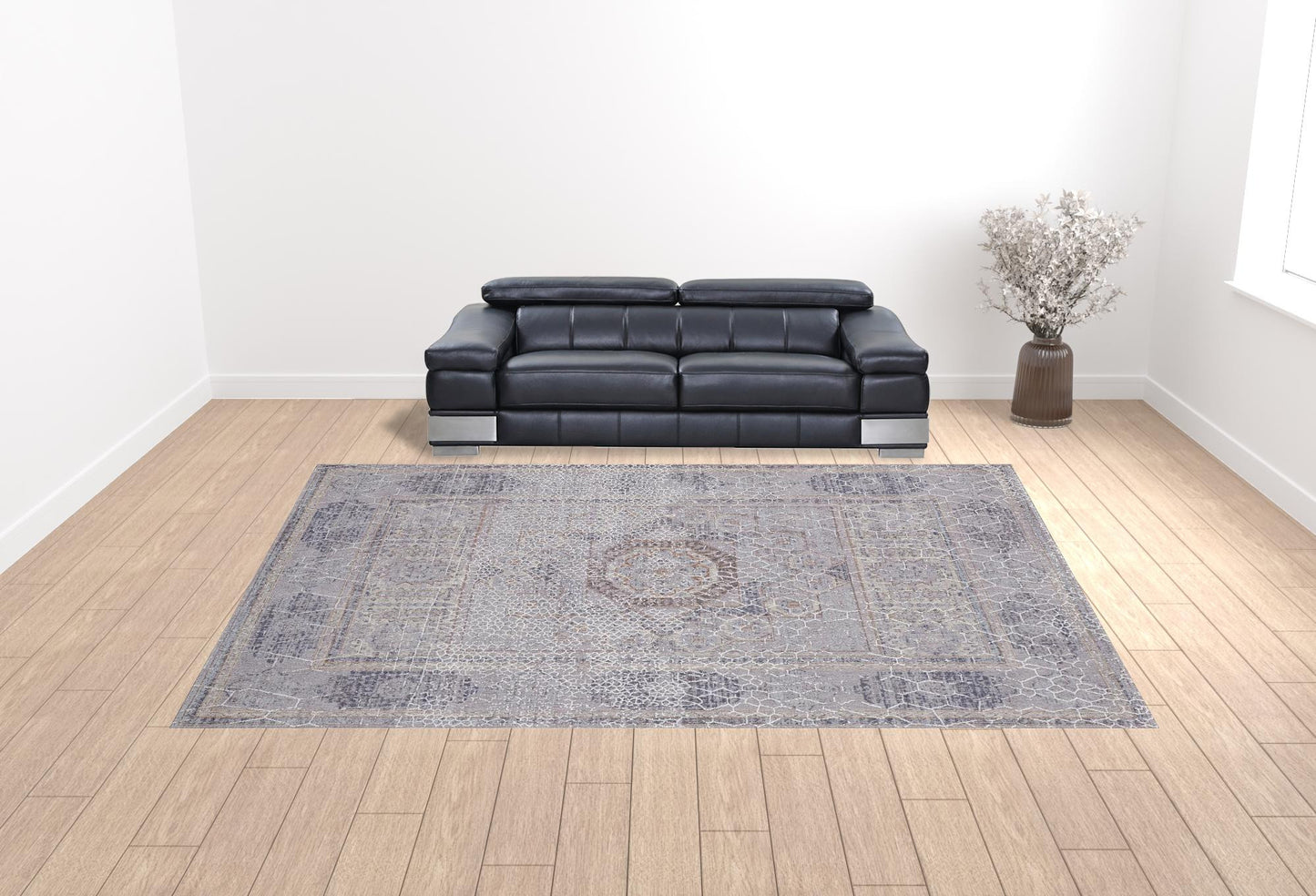 12 x 15 Gray & Ivory Floral Power Loom Distressed Stain Resistant Rug