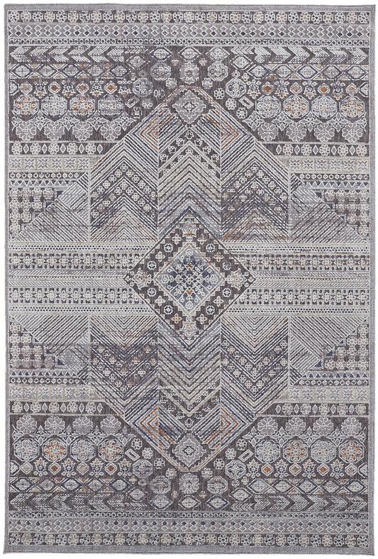 12 x 15 Ivory & Gray Geometric Power Loom Distressed Stain Resistant Rug