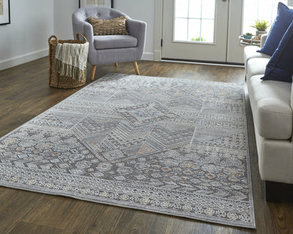 12 x 15 Ivory & Gray Geometric Power Loom Distressed Stain Resistant Rug