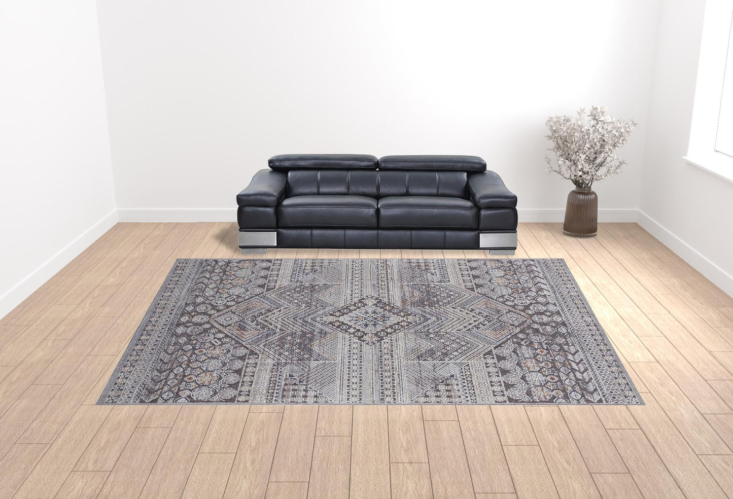 12 x 15 Ivory & Gray Geometric Power Loom Distressed Stain Resistant Rug
