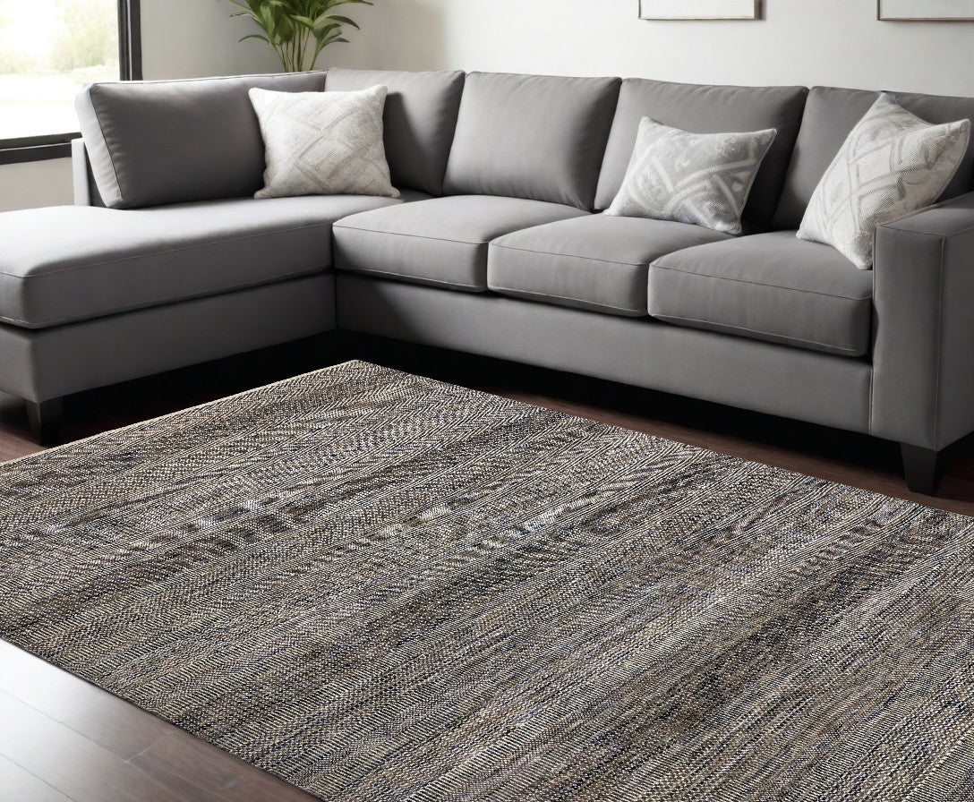 12 x 15 Gray & Ivory Wool Striped Shag Hand Knotted Rug