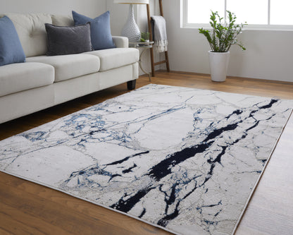 10 x 13 Ivory & Blue Marble Power Loom Distressed Rug