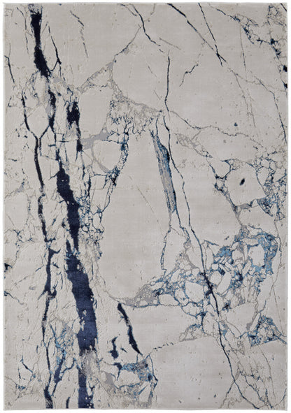 10 x 13 Ivory & Blue Marble Power Loom Distressed Rug
