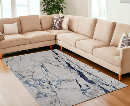 10 x 13 Ivory & Blue Marble Power Loom Distressed Rug