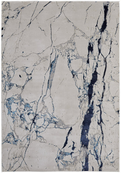 12 x 15 Ivory & Blue Marble Power Loom Distressed Rug