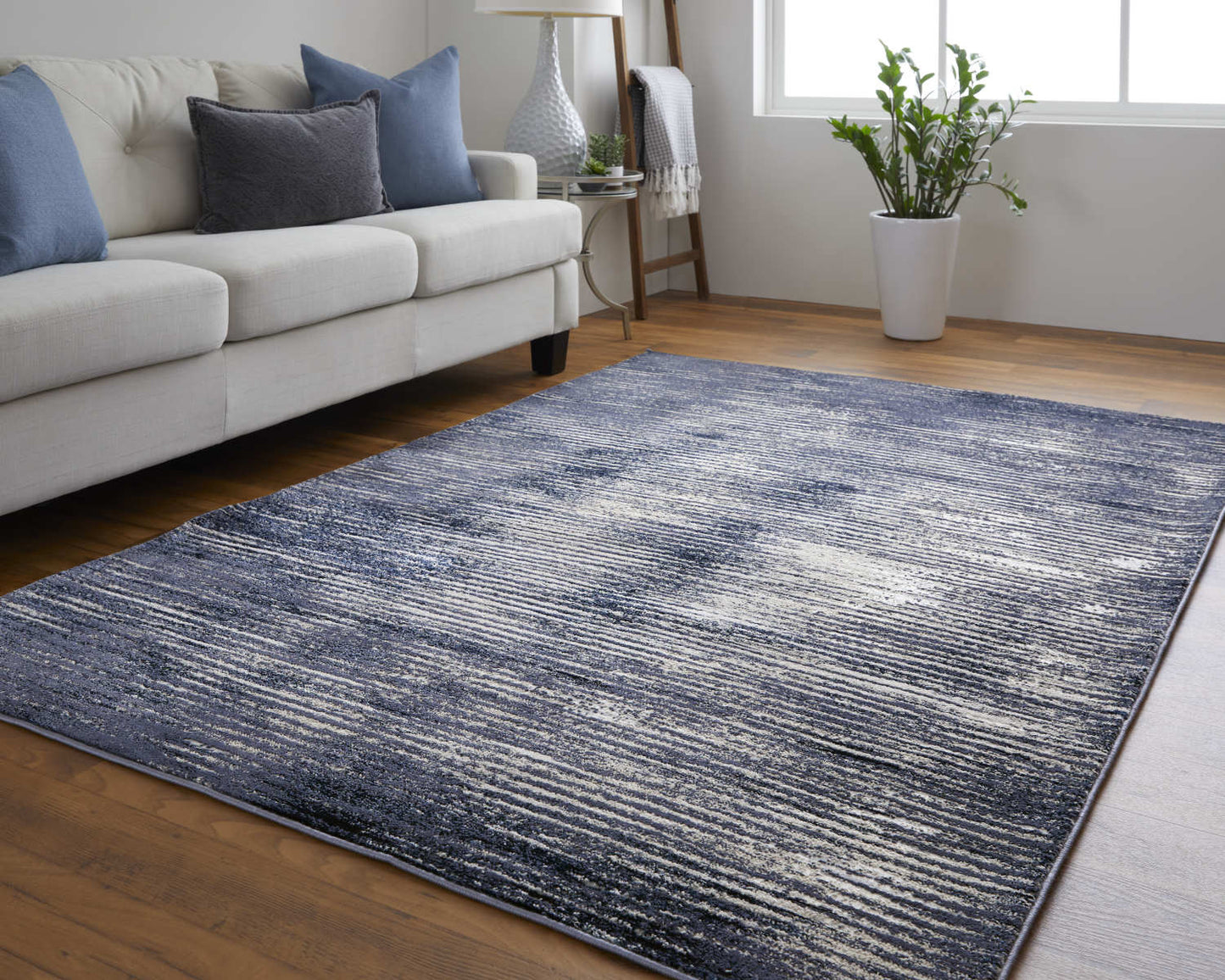 10 x 13 Blue Gray & Ivory Striped Power Loom Distressed Rug
