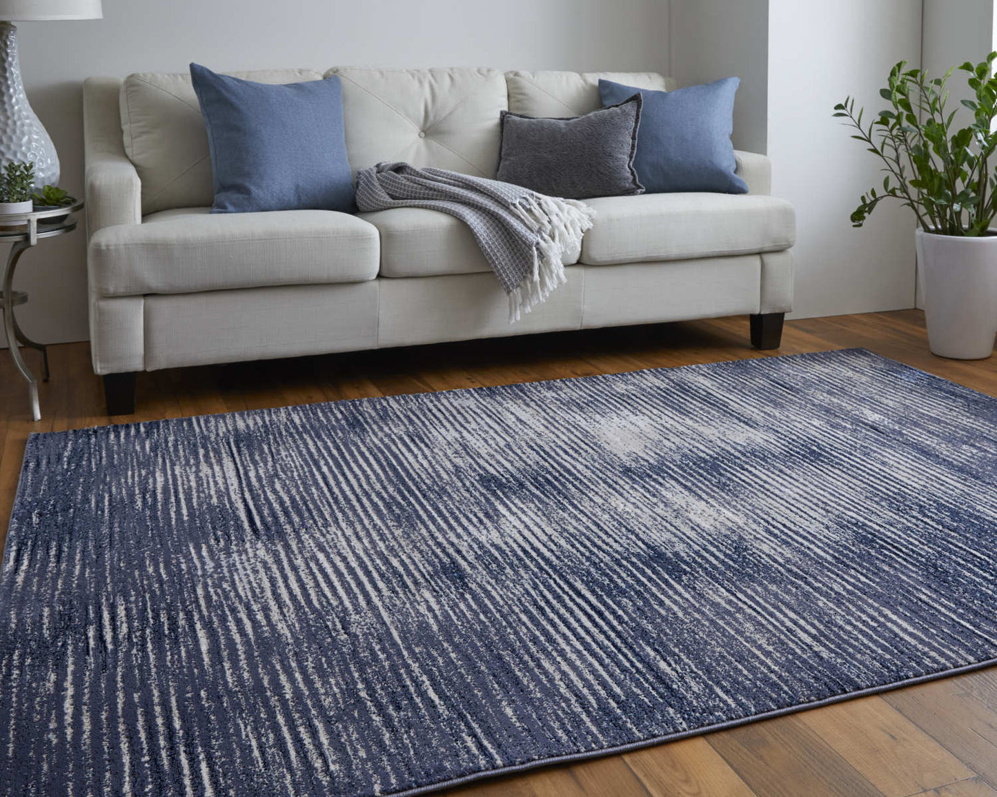 10 x 13 Blue Gray & Ivory Striped Power Loom Distressed Rug