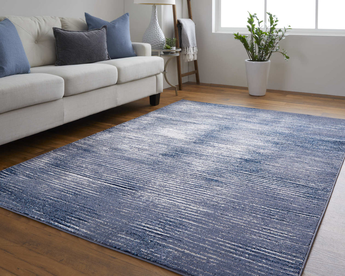 10 x 13 Blue Gray & Ivory Striped Power Loom Distressed Rug