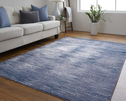10 x 13 Blue Gray & Ivory Striped Power Loom Distressed Rug