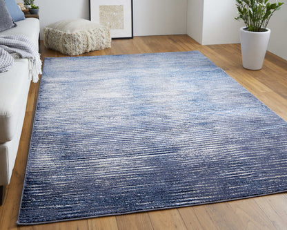 10 x 13 Blue Gray & Ivory Striped Power Loom Distressed Rug