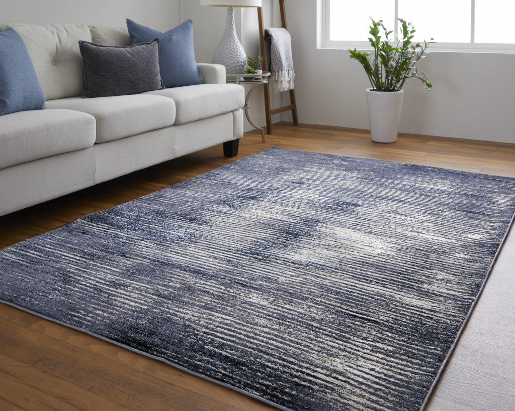 12 x 15 Blue Gray & Ivory Striped Power Loom Distressed Rug