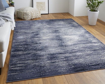 12 x 15 Blue Gray & Ivory Striped Power Loom Distressed Rug