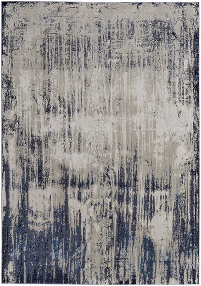 10 x 13 Tan Blue & Ivory Power Loom Distressed Rug