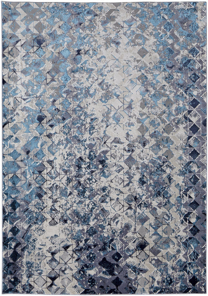 10 x 13 Blue Ivory & Gray Geometric Power Loom Distressed Rug